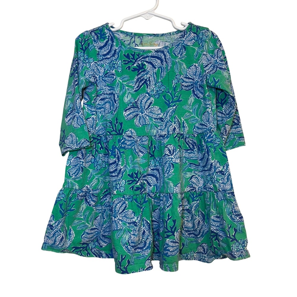 Girls Lilly Pulitzer Dress  Green Blue Floral Cotton Tiered Skirt Small 4-5